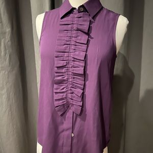 Theory Purple Ruffle Button Up Sleeveless Collared Blouse